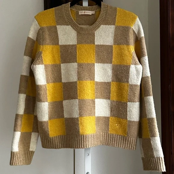 Tory Burch Intarsia Checkered Sweater Yellow Brown Preppy Fall Knit Size M - Picture 3 of 7